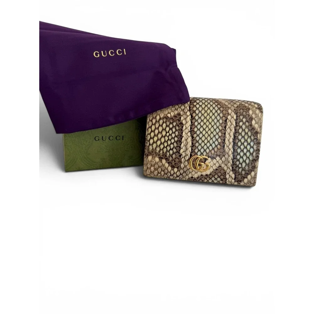 Gucci GG Marmont Python Wallet Beige Snakeskin Compact Flap Gold Logo